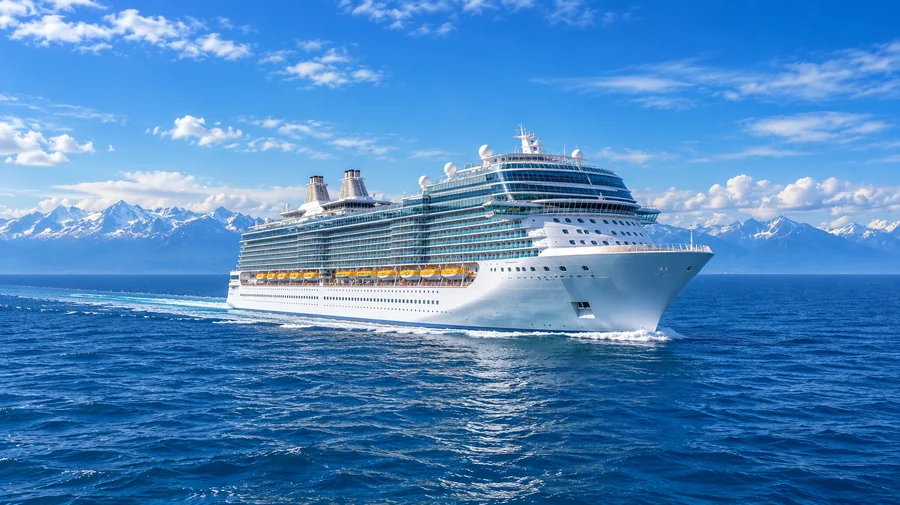 An ocean cruise ship sailing past snow-capped mountains