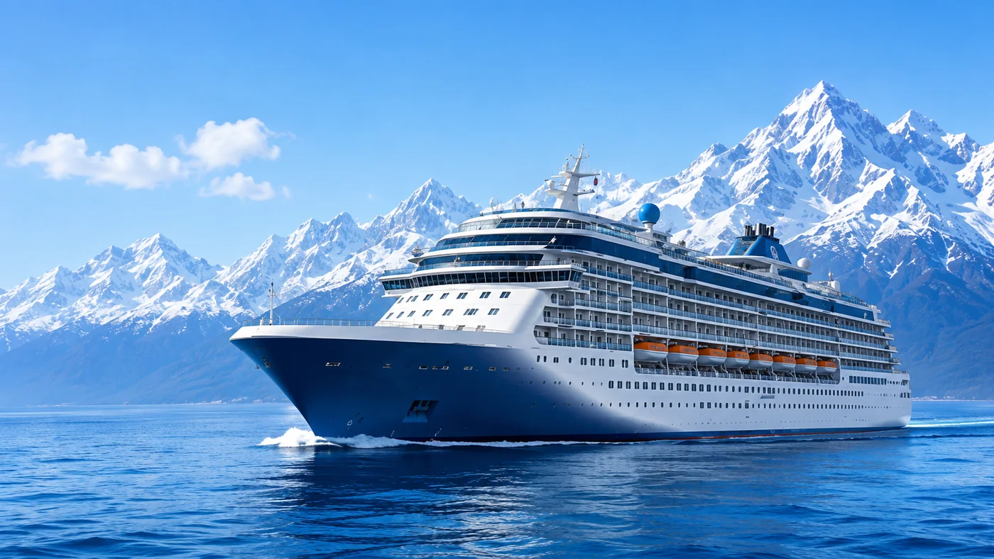 An ocean cruise ship sailing past snow-capped mountains